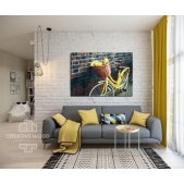 Картина на досках Велосипеды - Жёлтый велосипед с тюльпанами
